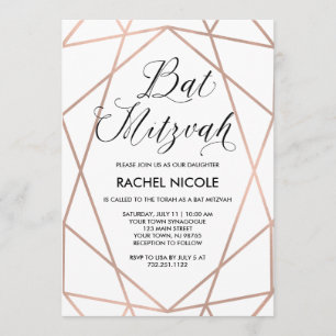 Invitation Blanc et Faux Rose Gold Géométrique Bat mitzvah