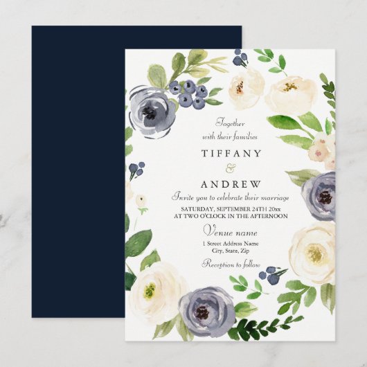 Invitation Blanc et marine Aquarelle Florale Mariage de couro (Devant / Derrière)