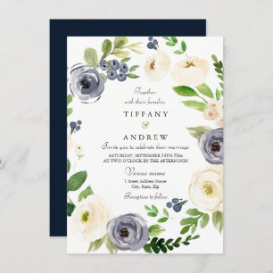 Invitation Blanc et marine Aquarelle Florale Mariage de couro