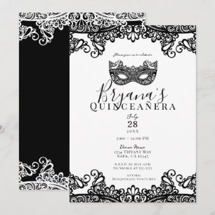 Invitation Blanc et noir dentelle Masquerade 15e Quinceañera