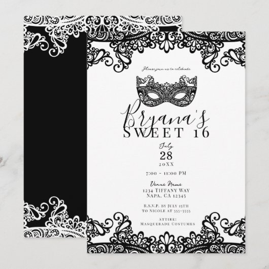 Invitation Blanc et noir Soirée masquée pour un Sweet 16 (Devant / Derrière)