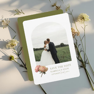 Invitation Blanc et olive   Rose moderne Enregistrer la date