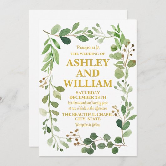 Invitation Blanc et or Chic vert Boho Boho Mariage bohème (Devant / Derrière)