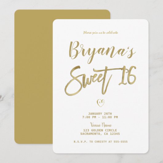 Invitation Blanc et or moderne minimal chic 16 ans doux (Devant / Derrière)