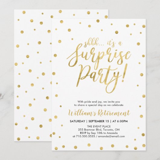 Invitation Blanc et Or | Parti de retraite surprise moderne (Devant / Derrière)