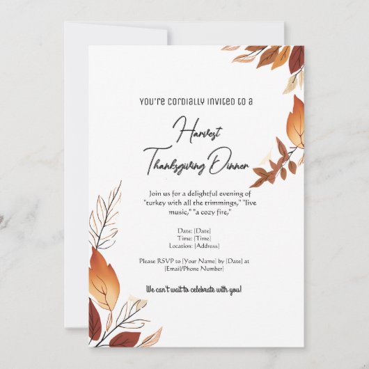 Invitation Blanc et Orange Simple Feuilles d'automne Thanksgi (Devant)