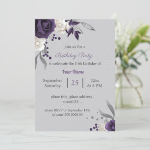 Invitation blanc et pourpre poussiéreux fleurs gris anniversa