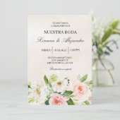 Invitation Blanc et rose Floral Mariage espagnol beige (Debout devant)