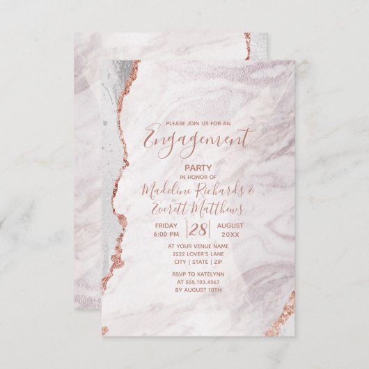Invitation Blanc et Rose Gold Agate Marble (Devant / Derrière)