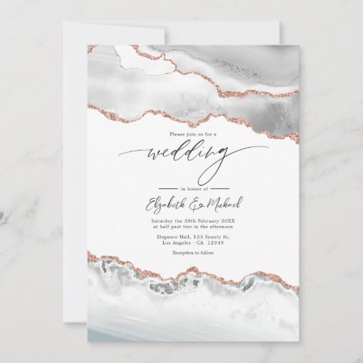 Invitation Blanc et Rose Gold Agate Mariage QR Code (Devant)