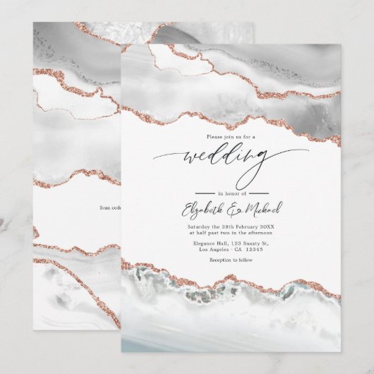 Invitation Blanc et Rose Gold Agate Mariage QR Code (Devant / Derrière)