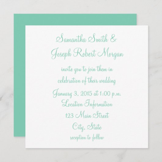 Invitation Blanc et vert de mer Mariage (Devant / Derrière)