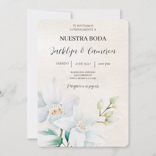 Invitation Blanc et vert Floral Espagnol Mariage beige (Devant)