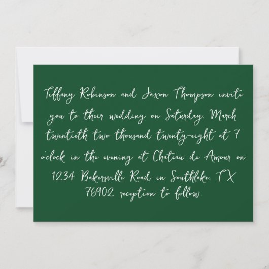 Invitation \Blanc et vert forêt style manuscrit Mariage (Devant)