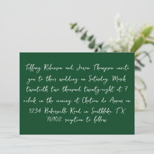 Invitation \Blanc et vert forêt style manuscrit Mariage (Debout devant)