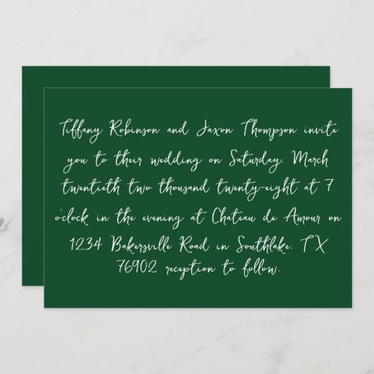 Invitation \Blanc et vert forêt style manuscrit Mariage (Devant / Derrière)
