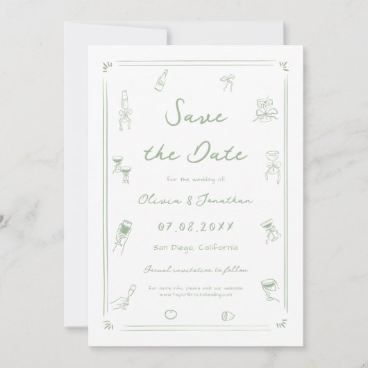 Invitation Blanc et vert mariage tiré main Enregistrer la dat (Devant)