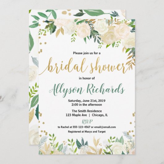 Invitation Blanc et wedding shower nuptiale floral de roses (Devant / Derrière)