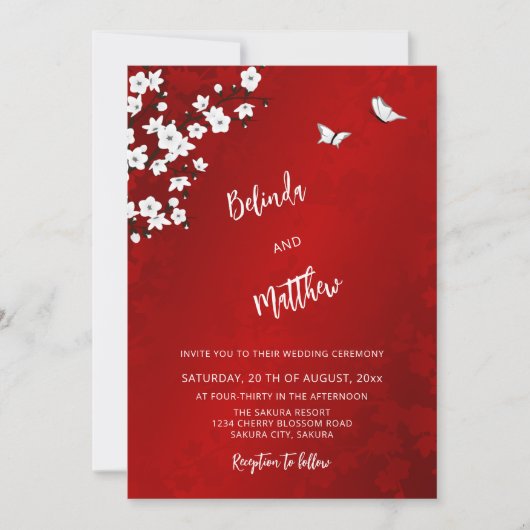 Invitation Blanc Fleur de Cerisier Rouge | Mariage Décontract (Devant)