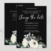 Invitation Blanc & Fleurs Bleu Poussière sur Noir Changement  (Devant / Derrière)