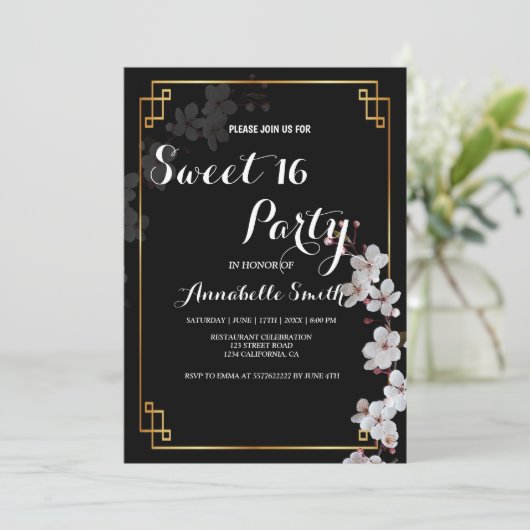 Invitation blanc Fleurs cerises & doré Frame doux 16 (Debout devant)