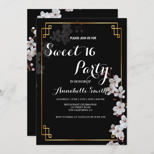 Invitation blanc Fleurs cerises & doré Frame doux 16 (Devant / Derrière)