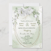 Invitation blanc fleurs vert feuille ovale cadre mariage (Devant)