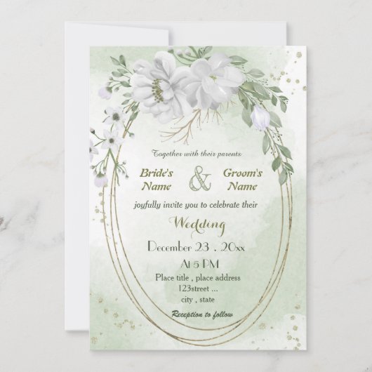 Invitation blanc fleurs vert feuille ovale cadre mariage (Devant)