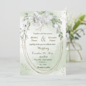 Invitation blanc fleurs vert feuille ovale cadre mariage (Debout devant)