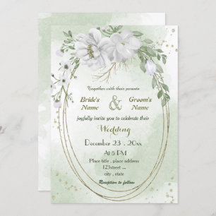 Invitation blanc fleurs vert feuille ovale cadre mariage