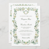 Invitation Blanc Floral Aquarelle Crest & Monogram Mariage (Devant / Derrière)