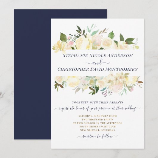 Invitation Blanc Floral Aquarelle Marine Bleu Mariage officie (Devant / Derrière)