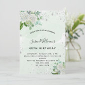 Invitation Blanc floral argent vert anniversaire luxe (Debout devant)