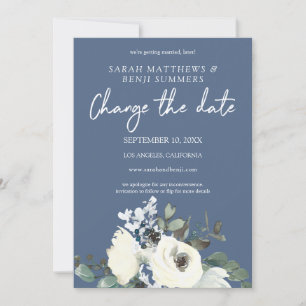Invitation Blanc & Floral Bleu Poussiéreux sur Bleu Changer l