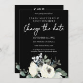 Invitation Blanc & Floral Bleu Poussiéreux sur Noir Changer l (Devant / Derrière)