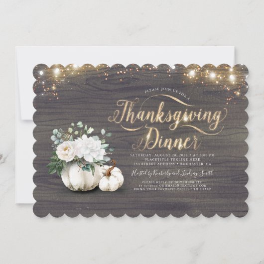 Invitation Blanc Floral Citrouille Rustique Thanksgiving Dîne (Devant)