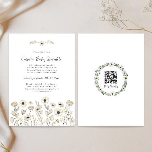 Invitation Blanc Floral couples bébé saupoudrer + registre QR