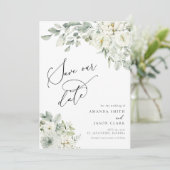 Invitation Blanc Floral Élégant Boho Sauvez La Date (Debout devant)