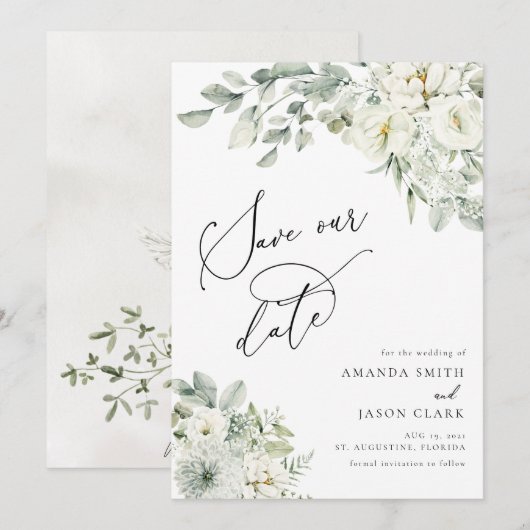 Invitation Blanc Floral Élégant Boho Sauvez La Date (Devant / Derrière)