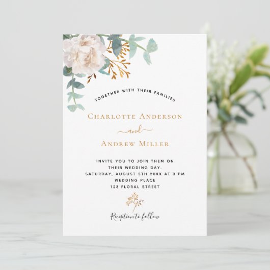 Invitation Blanc floral Eucalyptus verdure mariage moderne (Debout devant)