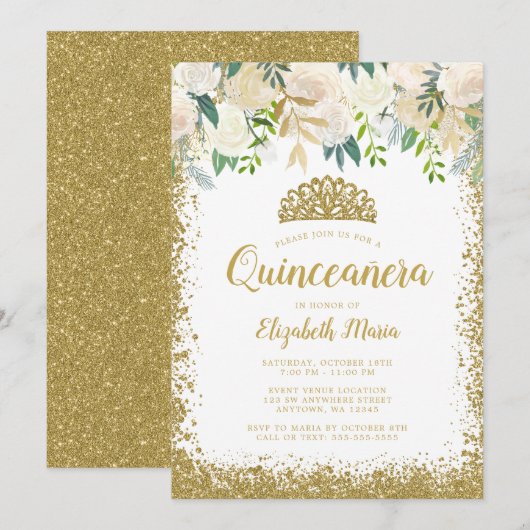 Invitation Blanc Floral Faux Gold Parties scintillant Tiara Q (Devant / Derrière)