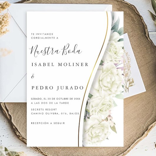 Invitation Blanc Floral Foliage Nuestra Boda Mariage espagnol