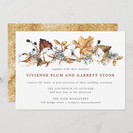 Invitation Blanc Floral Gold Automne Feuilles Mariage (Devant / Derrière)