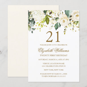 Invitation Blanc Floral Gold Confetti 21e anniversaire