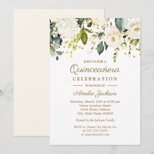 Invitation Blanc Floral Or Confetti Quinceanera 15e (Devant / Derrière)