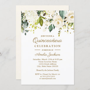 Invitation Blanc Floral Or Confetti Quinceanera 15e