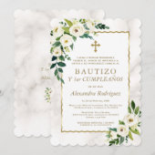Invitation Blanc Floral Or espagnol 1er anniversaire Baptême (Devant / Derrière)