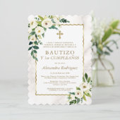 Invitation Blanc Floral Or espagnol 1er anniversaire Baptême (Debout devant)