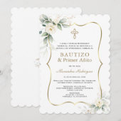 Invitation Blanc Floral Or espagnol 1er anniversaire Baptême (Devant / Derrière)