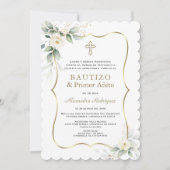 Invitation Blanc Floral Or espagnol 1er anniversaire Baptême (Devant)